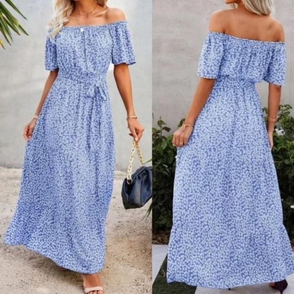 Floral off shoulder ruffle maxi dress BLUE - Picture 2 of 7